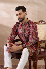 Red Silk Blend Printed Mandarin Collar Straight Kurta With Trouser MKSET1959
