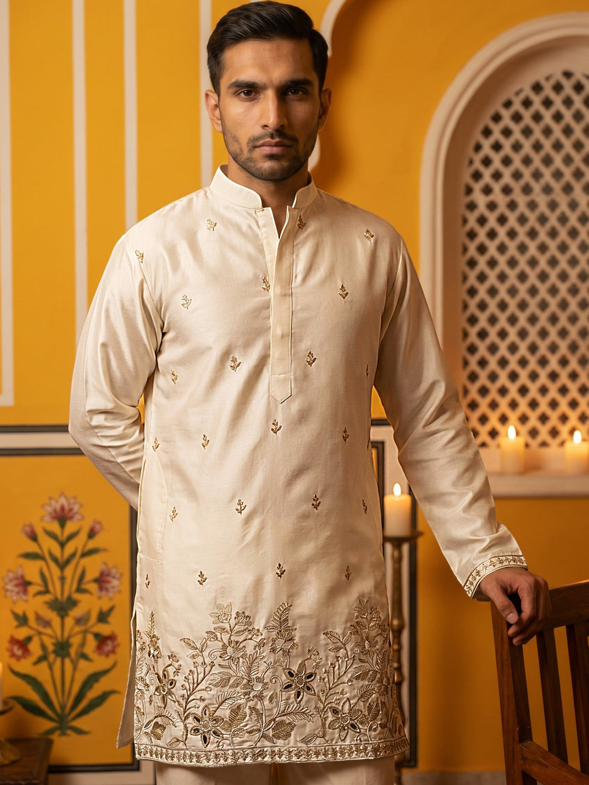 Silk Blend Embroidered Kurta for Men ( 65KO 5601Cream ) [FF] [D-1]