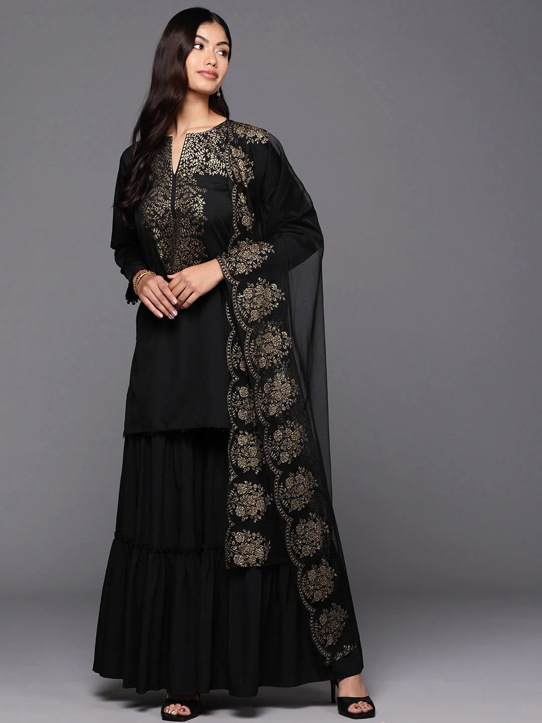Black Floral Sharara Set - Designer Sharara Suits for Women