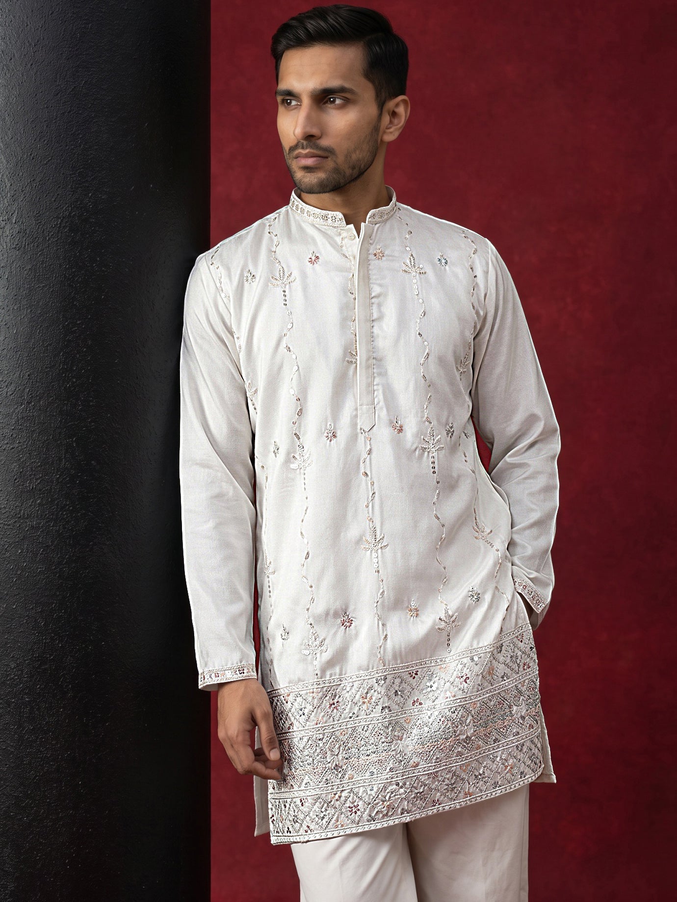 DesiQlo Men Embroidered Kurta Only - White - 65KO_5595White_S