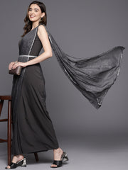 Grey Abstract Print Layered Ethnic Dress-AHEDCFGL-119