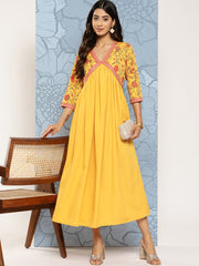 Yellow Floral Print Empire Midi Ethnic Dress-AHEDCRDP-203-ICH