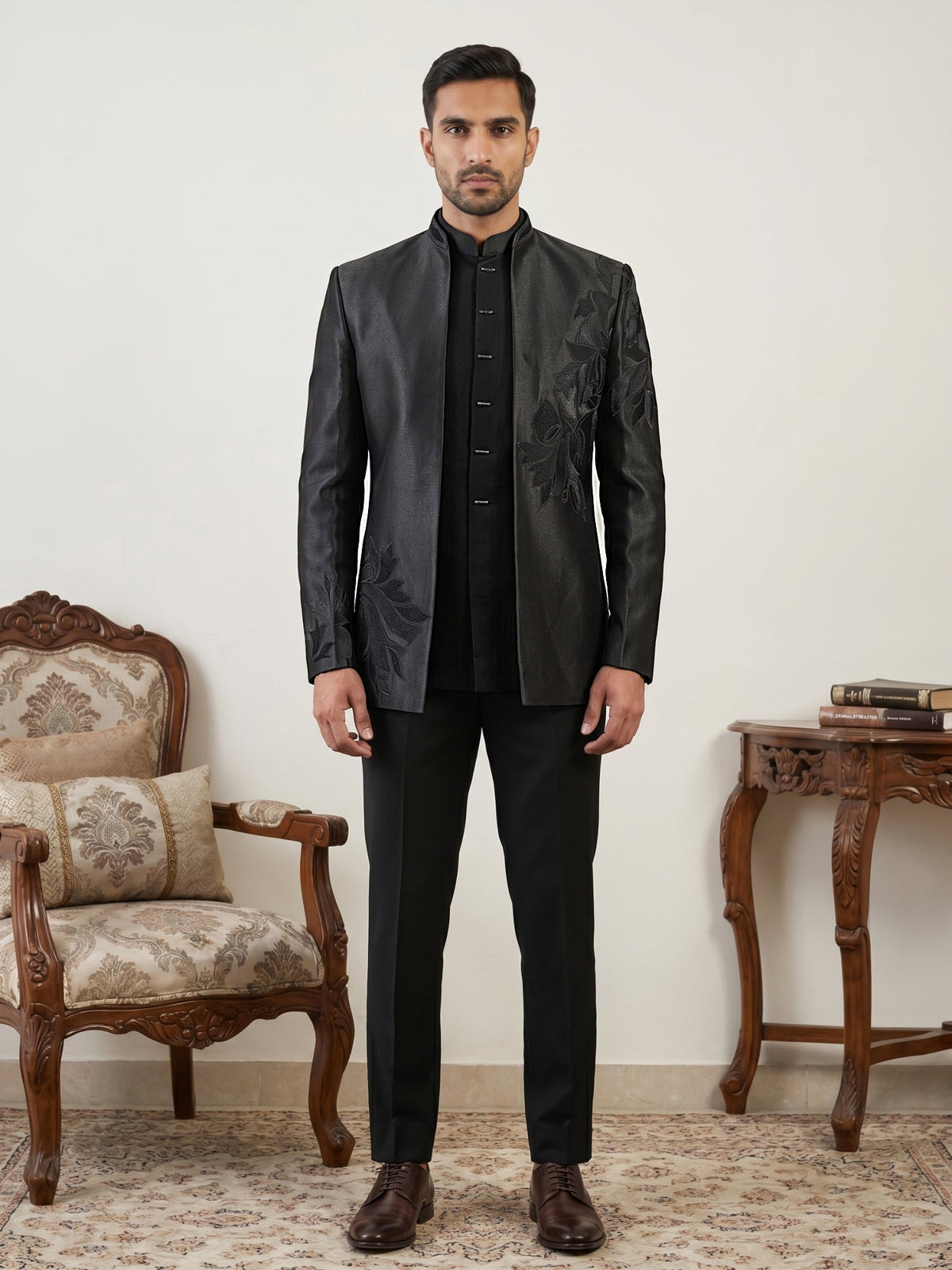 Japanese Fabric Embroidered Indo-Western Set ( 50JIND 223Black )