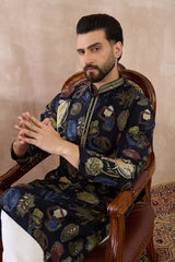 Navy Blue Silk Blend Printed Mandarin Collar Straight Kurta With Trouser MKSET1961