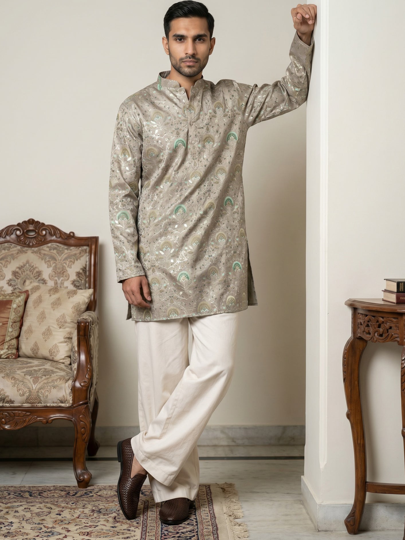 DesiQlo Men Printed Kurta Pyjama Set - Grey - 65KP_PJ11W_5587Grey_S