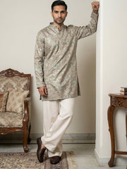 Silk Blend Foil Print Kurta & Korean Pants Set ( 65KP PJ11W 5587Grey )