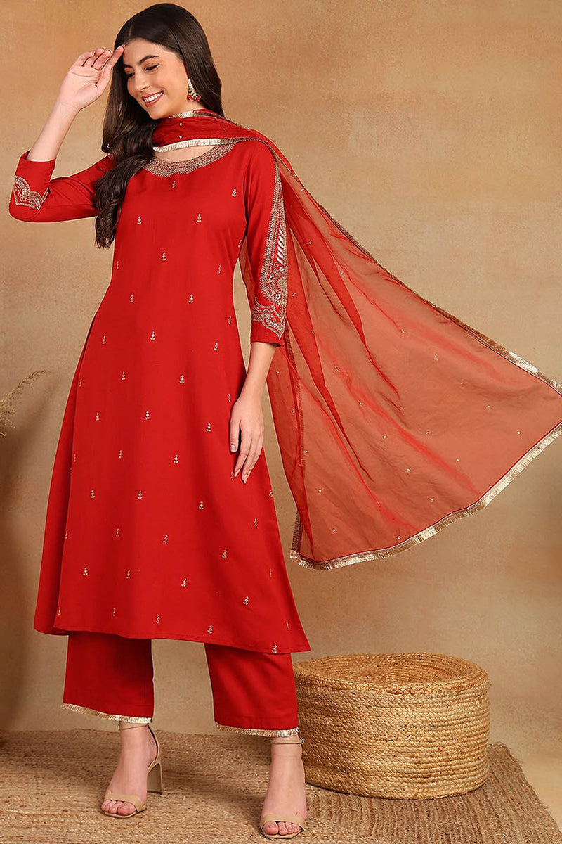 Red Silk Blend Embroidered A-Line Kurta Trouser With Dupatta HOPPKSKD2