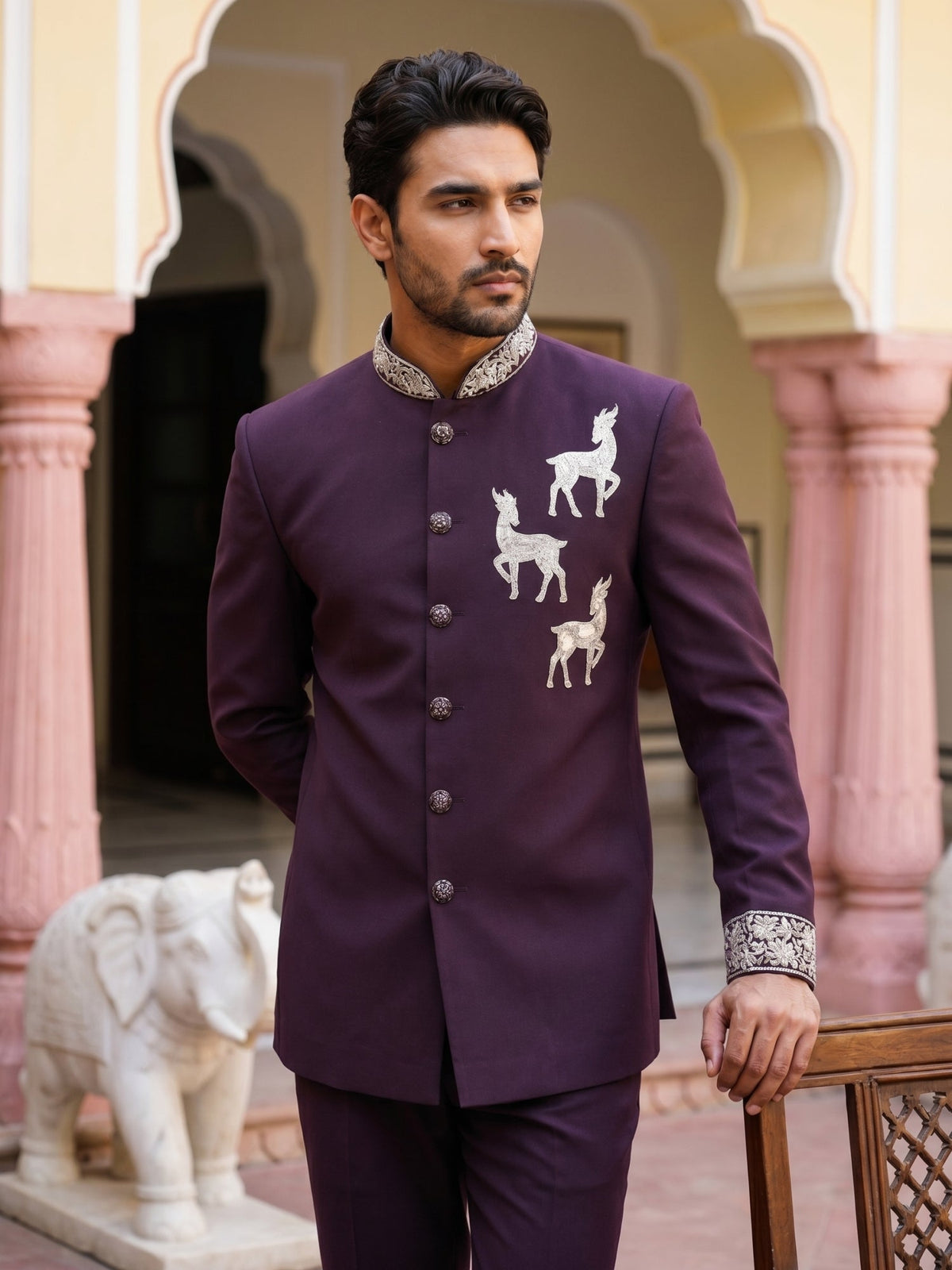 Deer Embroidered Japanese Fabric Indo-Western Set ( 50JIND 216Purple )
