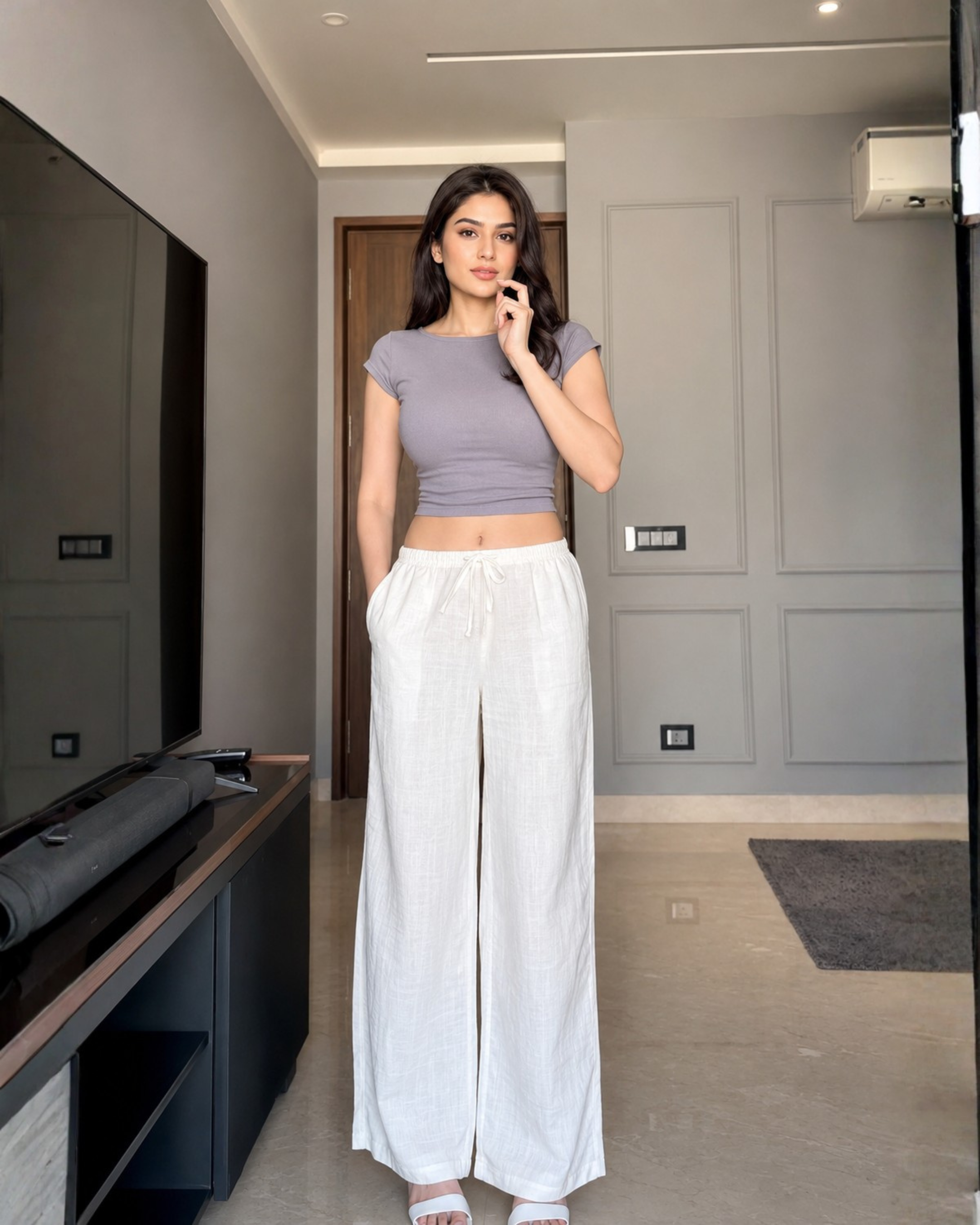 Women's White Linen Blend Wide-Leg Pants with Drawstring Waist & Pocke