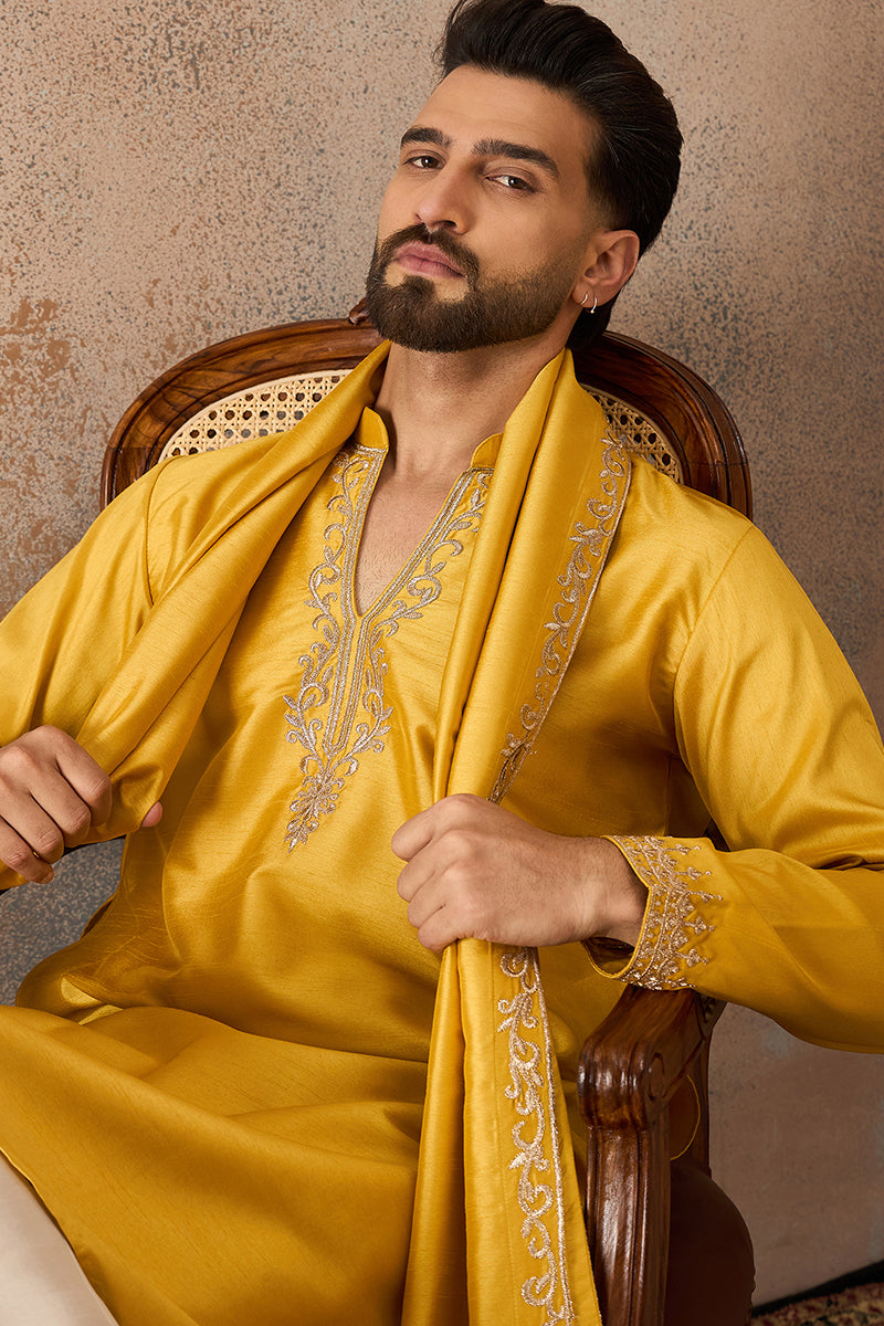 Yellow Silk Blend Solid Embroidered Kurta & Trouser With Dupatta MKPD1022