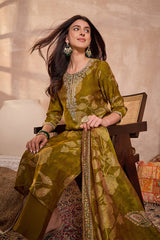 Green Silk Blend Floral Printed Straight Kurta Trouser With Dupatta PKSKD3209