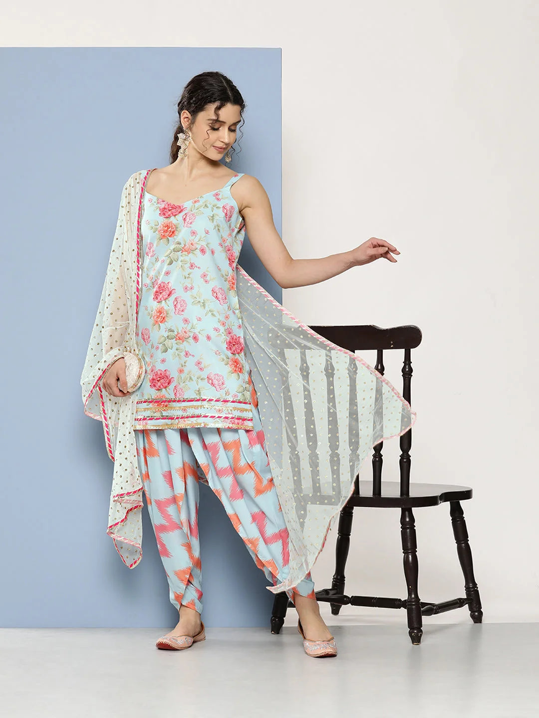 Blue Floral Dhoti Kurta Set With Dupatta | Women's Dhoti Sets