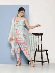 Blue Floral Printed Gotta Patti Kurti With Dhoti Pants & With Dupatta-AHKUDUDO-COMBO-622-ICH