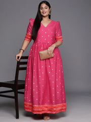 Pink & Gold Polka Dot Printed Plus Size Maxi Ethnic Dress-AP-AHDRCHGP-987