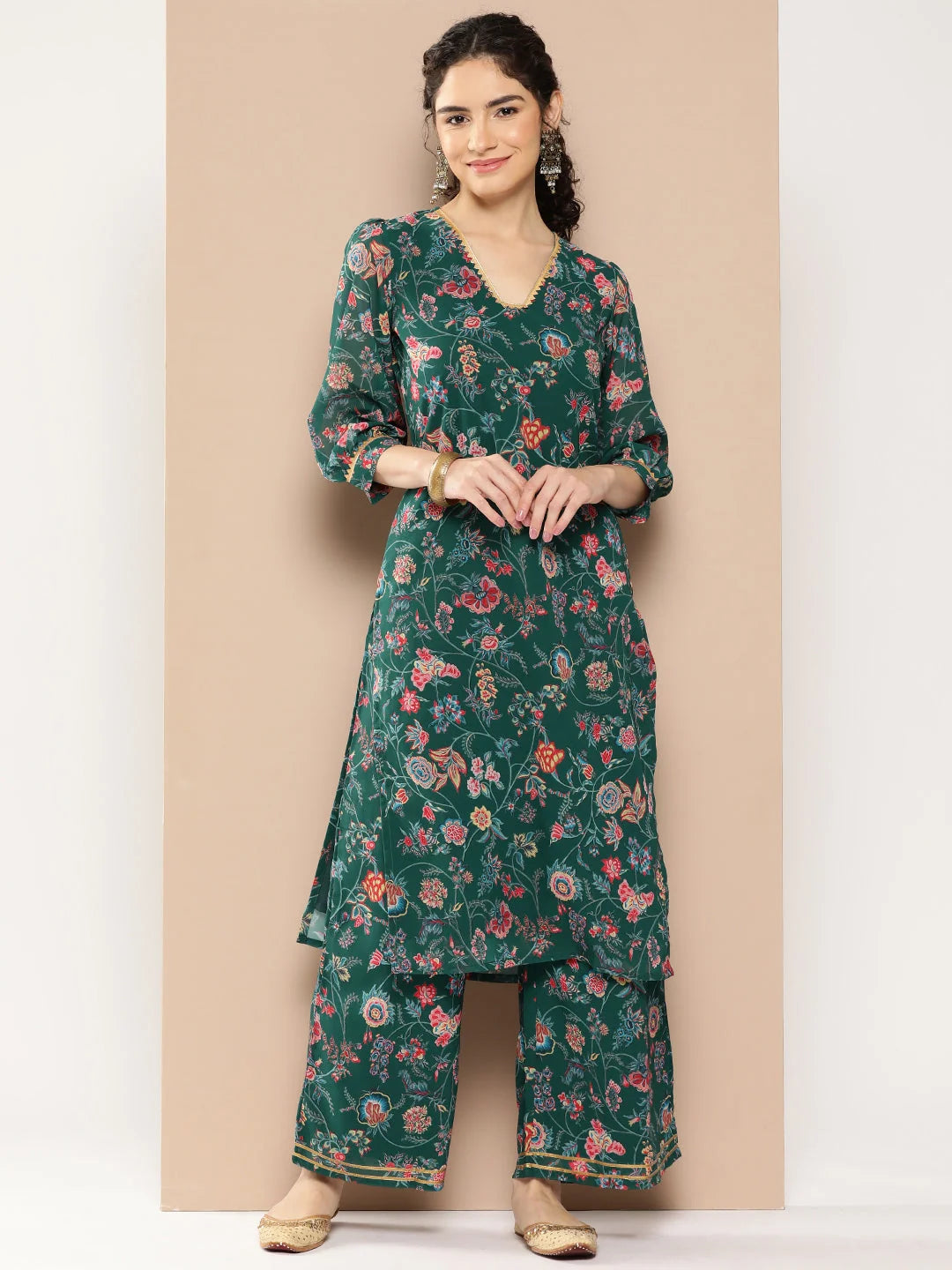 Green Floral Printed Gotta Patti Kurta with Palazzos-AHKUPZ-COMBO-661-ICH
