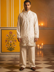 Silk Blend Embroidered Kurta & Korean Pants Set ( 65KP PJ11W 5601Cream ) [FF] [D-1]