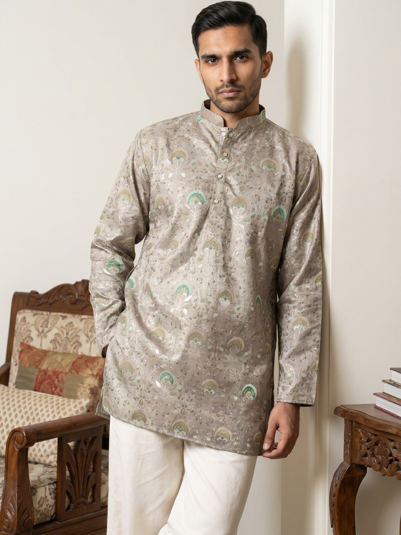 DesiQlo Men Printed Kurta Only - Grey - 65KO_5587Grey_S