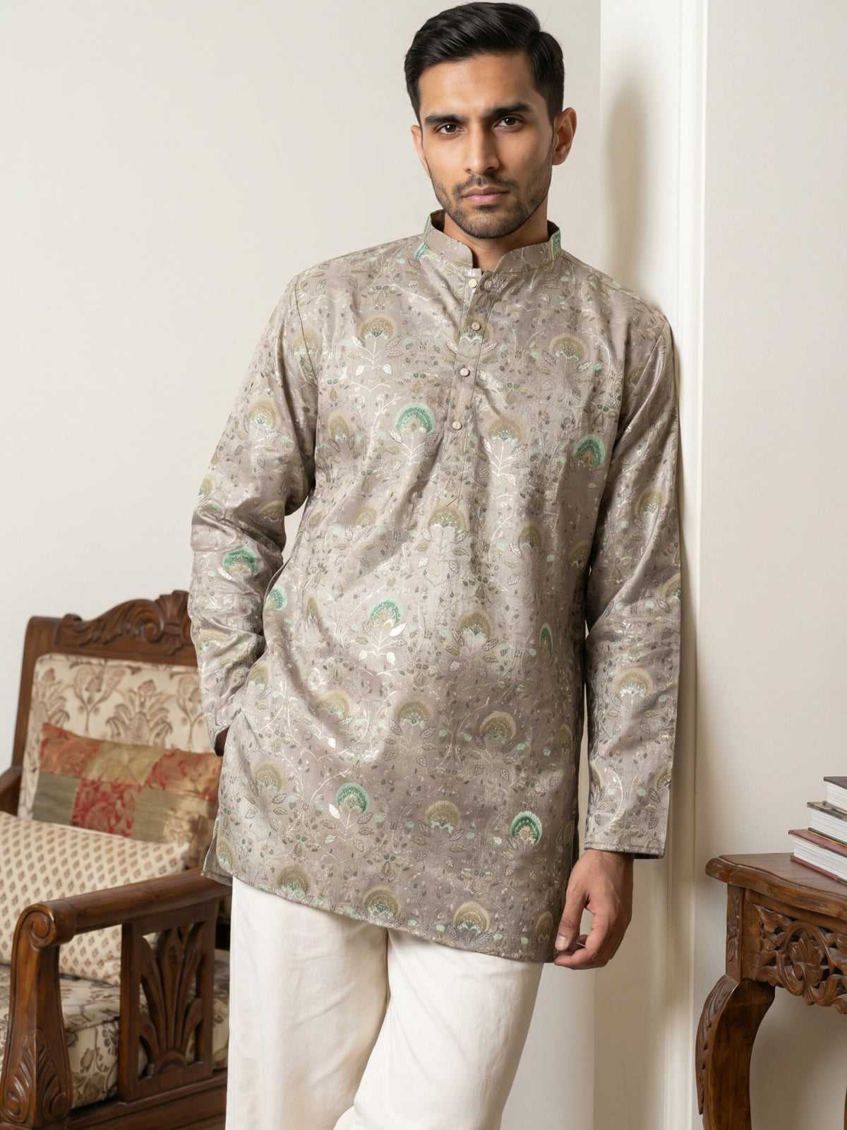 Silk Blend Foil Print Kurta ( 65KO 5587Grey )