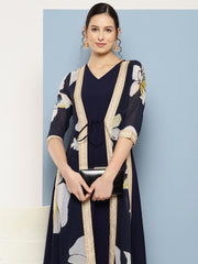 Navy Blue Floral Printed Layered Maxi Ethnic Dress-AHEDGRDP-178