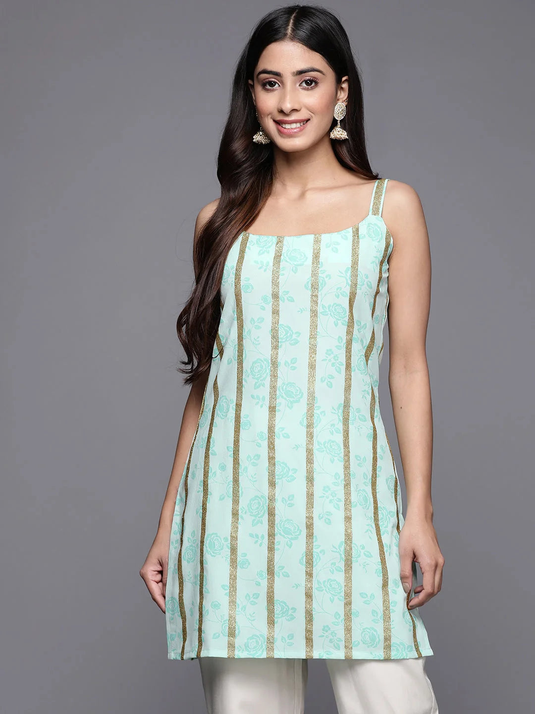 Sea Green Floral Tunic Top - Modern Indian Kurta for Women
