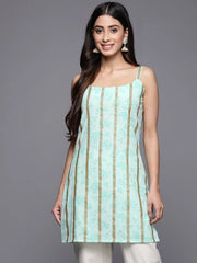 Sea Green & Gold Toned Striped Floral Printed Tunic-AHTUCRGL-8122