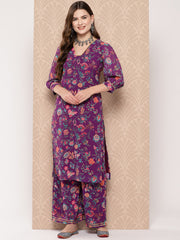 Purple Floral Printed Gotta Patti Kurta with Palazzos-AHKUPZ-Combo-836-ICH