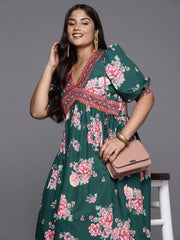 Green & Pink Plus Size Floral Printed A-Line Midi Dress-AP-AHEDCRDP-204-ICH
