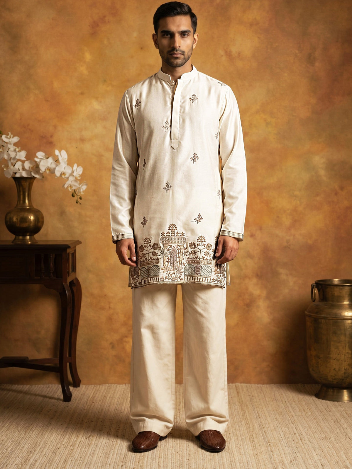Silk Blend Embroidered Kurta & Korean Pants Set ( 65KP PJ11W 5599Cream ) [FF] [G-4]