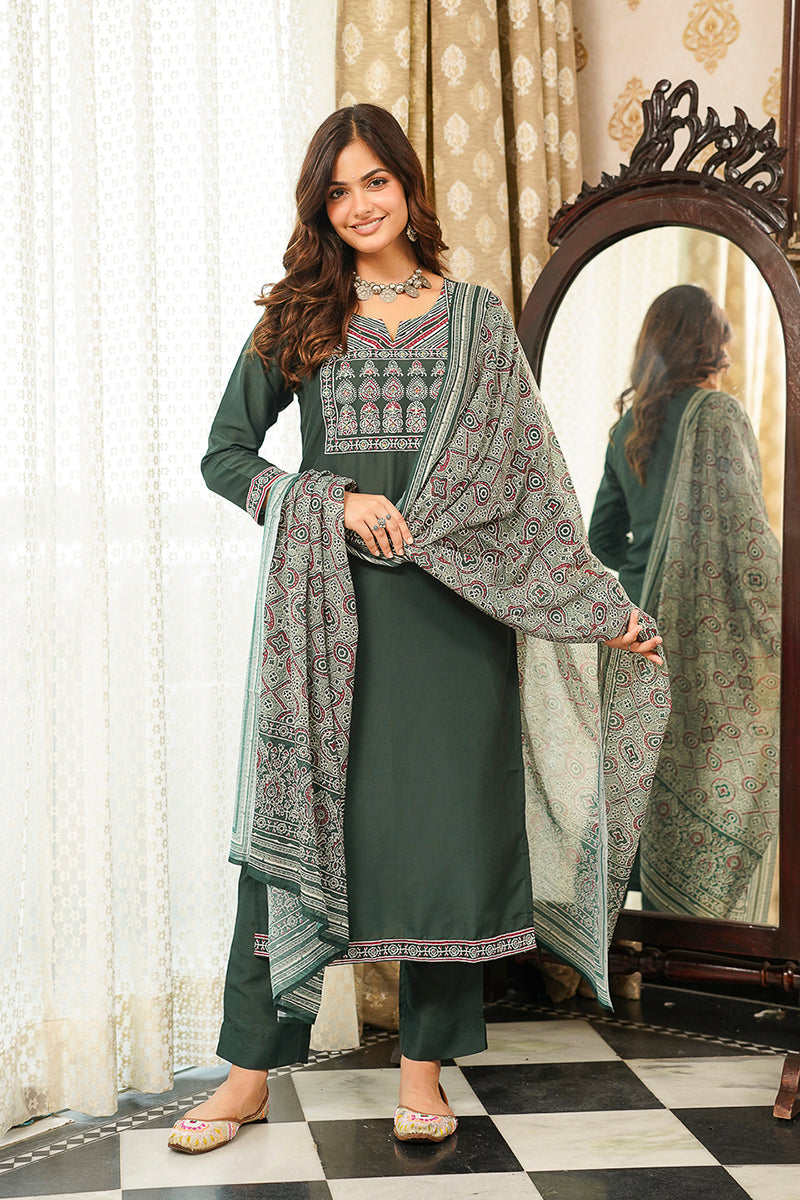 Green Rayon Blend Ajrakh Printed Straight Kurta Trousers With Dupatta PKSKD3066