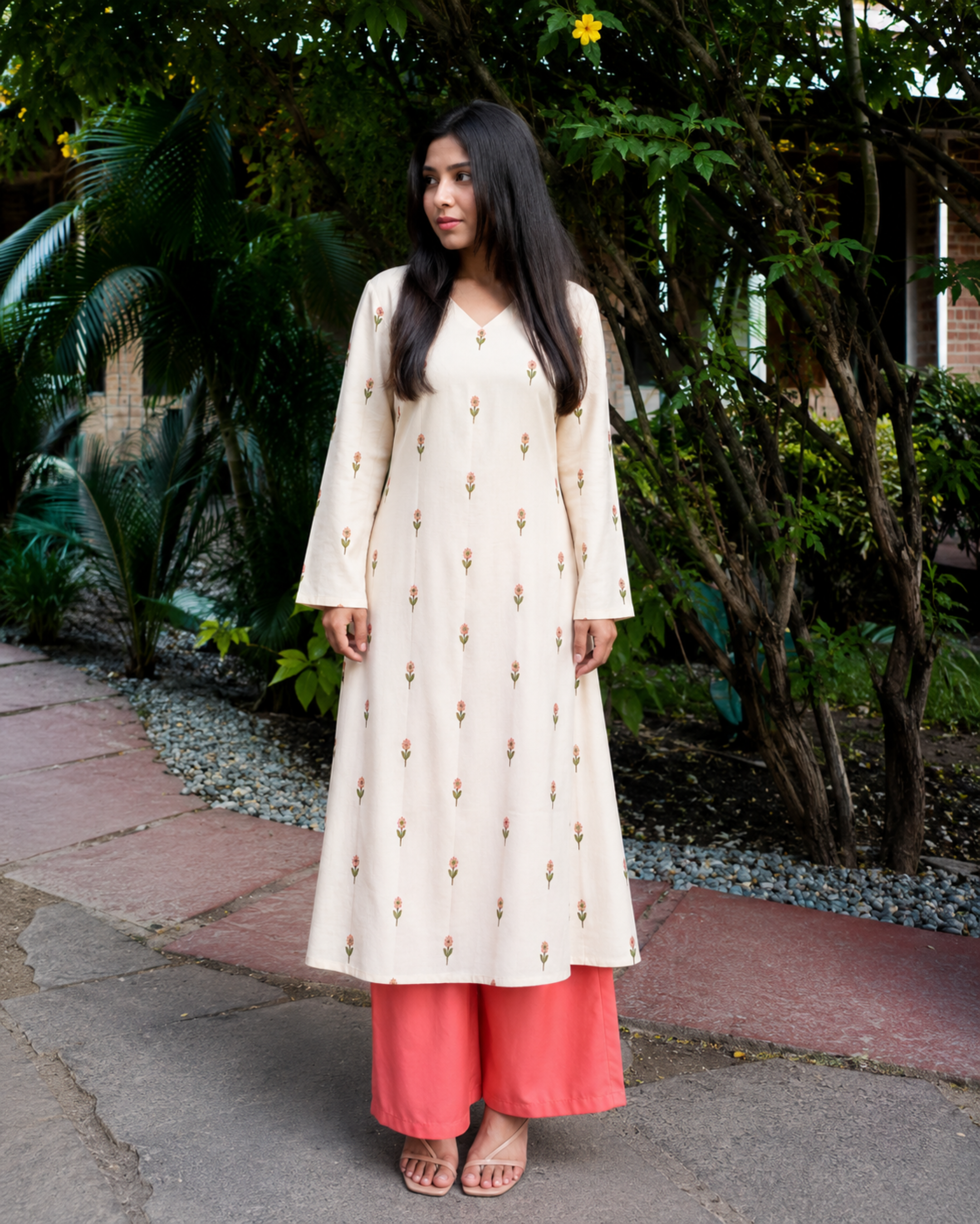 Women Floral Printed Kurta & Coral Palazzo Set (KPCREAMHEAT) | DesiQlo