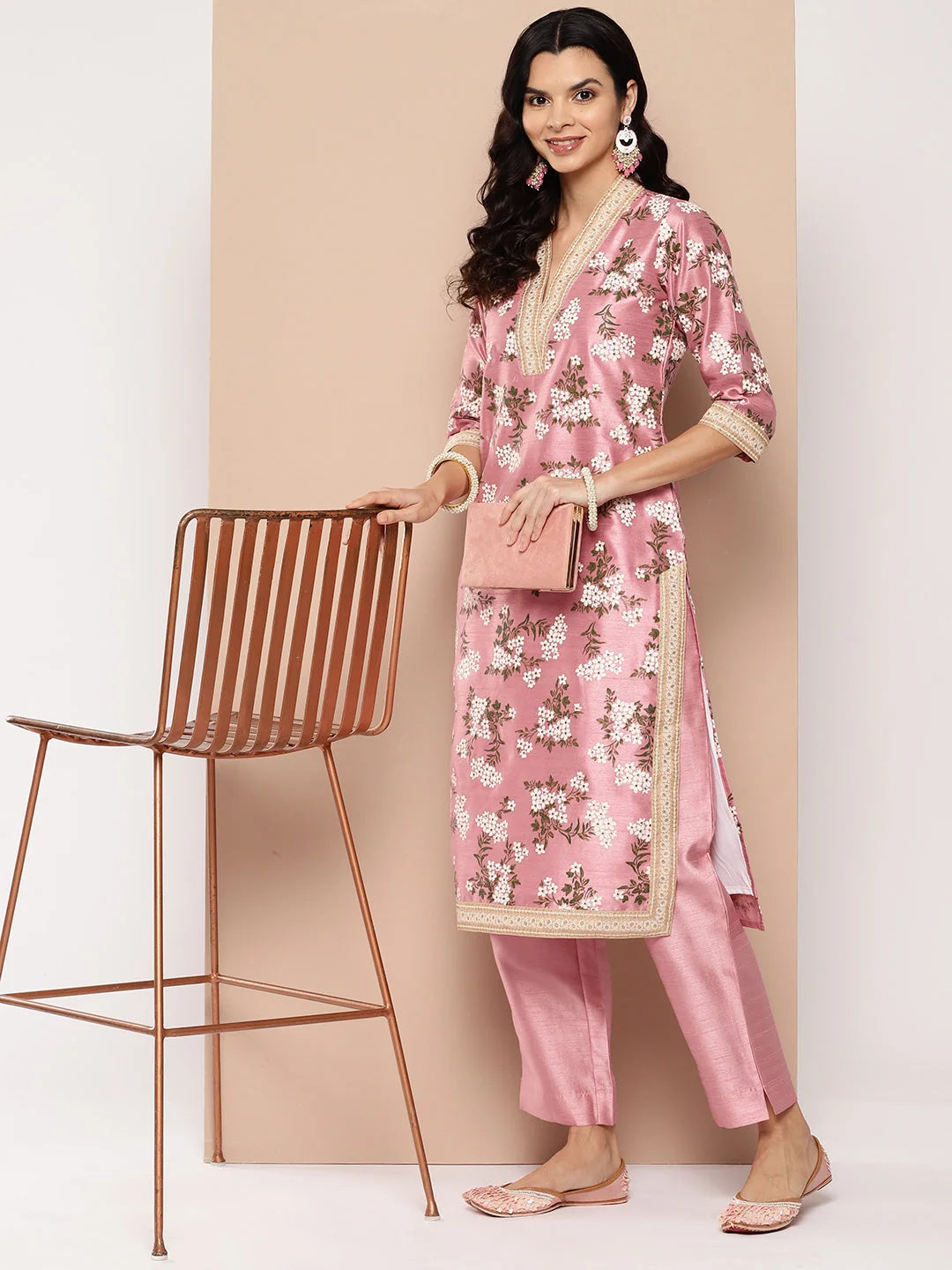 Pink Floral Printed Kurta with Trousers-AHKUPN-COMBO-845-ICH