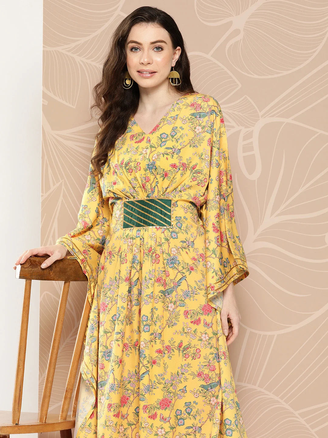 Yellow & Green Floral Printed Gotta Patti Floral Kaftan Kurta-AHKFCRDP-6065-ICH