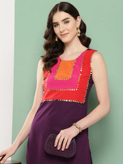 Burgundy Yoke Design Sequined Kurta-AHKUCRPL-1084