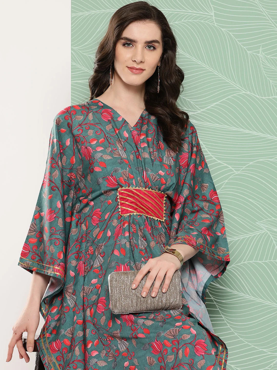 Green & Pink Floral Kaftan Kurta: Resort Wear Kaftans Online