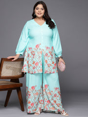 Turquoise Blue & Red Floral Printed Plus Size Tunic with Palazzos-AP-AHTUPZ-COMBO-751-ICH