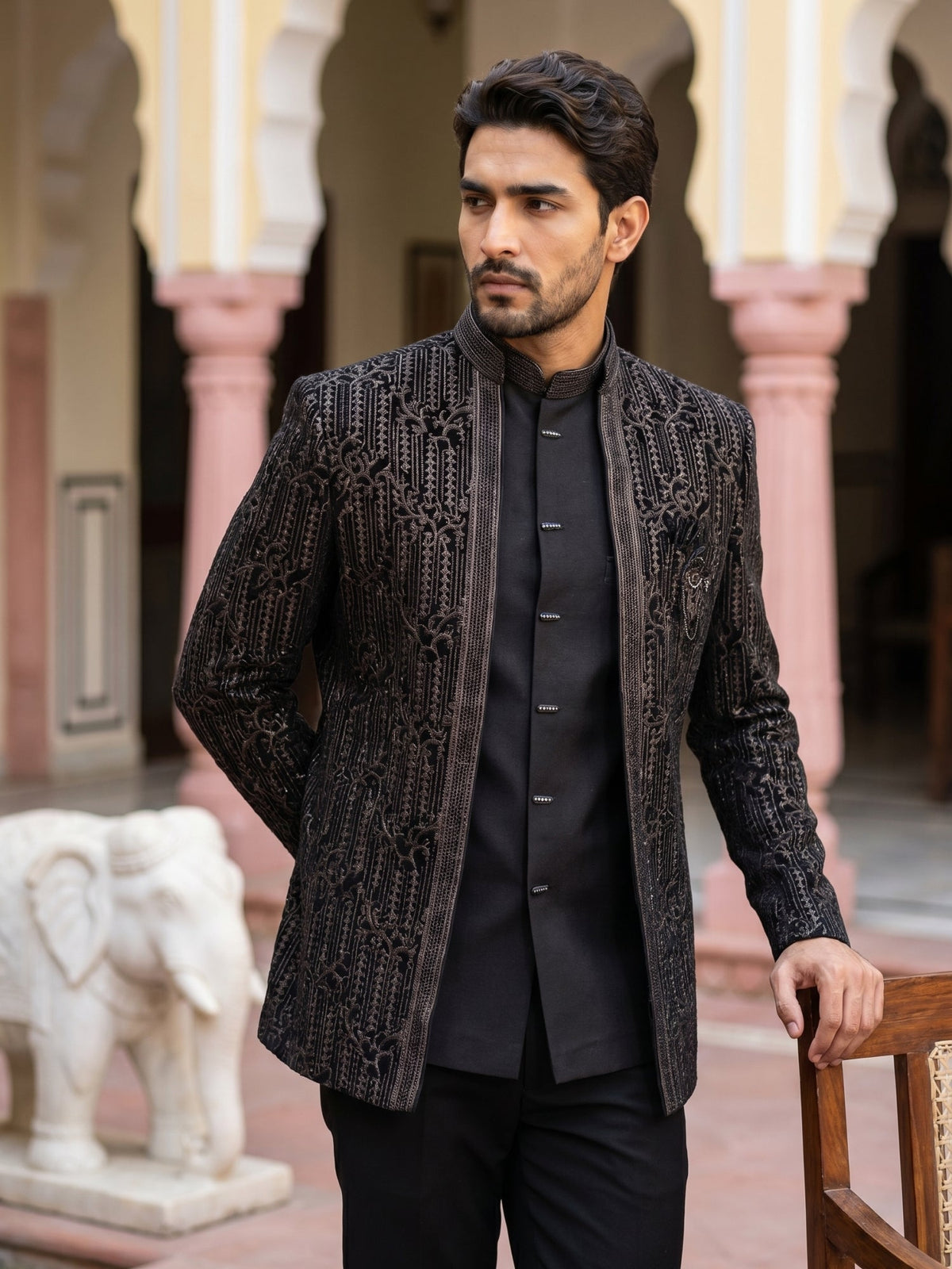 Men's Velvet Embroidered Indo-Western Set ( 50JIND 219Black )