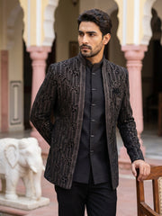 Men's Velvet Embroidered Indo-Western Set ( 50JIND 219Black )