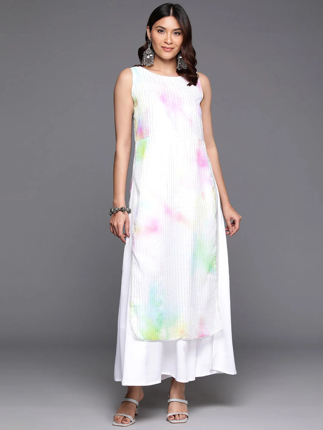 Tie and Dye Printed Boat Neck Ethnic Layered Dress-AHEDGRDP-241