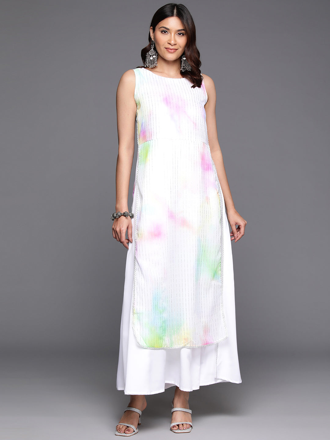 Tie and Dye Printed Boat Neck Ethnic Layered Dress-AHEDGRDP-241