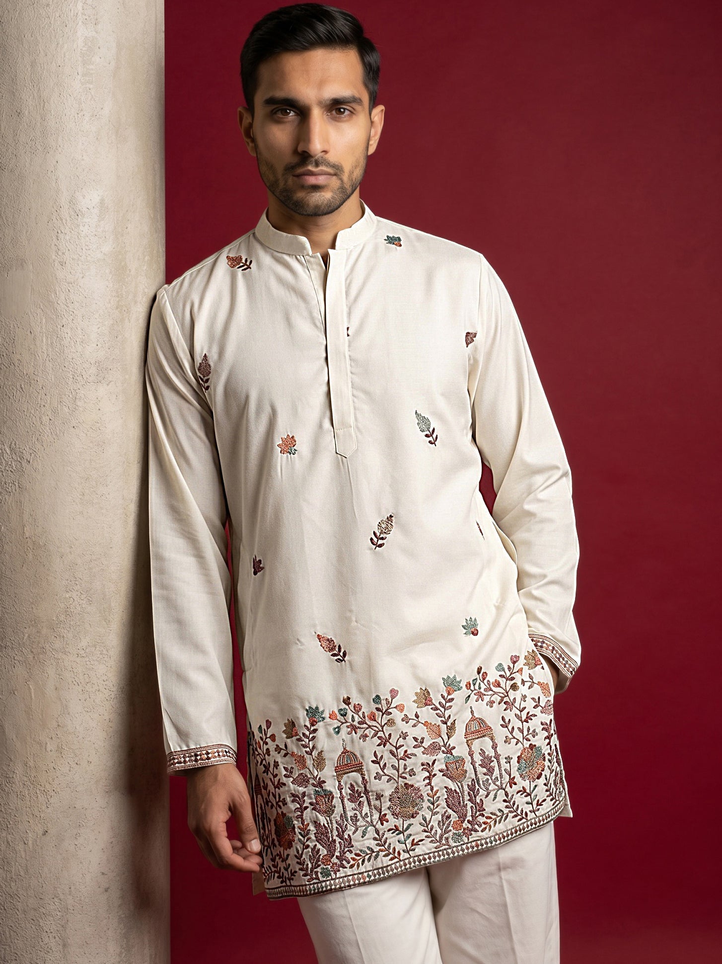 DesiQlo Men Embroidered Kurta Only - White - 65KO_5596White_S