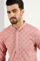 Ethnic Bay Pink Viscose Rayon Solid Embroidered Long Straight Kurta For Men MKU1060