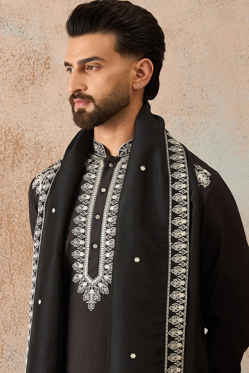 Black Silk Blend Solid Embroidered Kurta With Dupatta MKUD1012