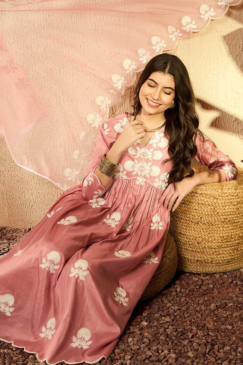 Peach Silk Blend Embroidered Kurta Trouser With Dupatta HOPPKSKD2595 |