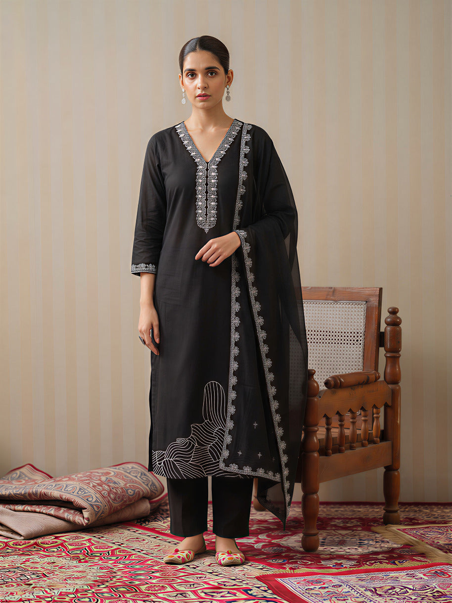 Cotton Blend Kurta Set for Women - Black | MLWSHKS9295BLK | DesiQlo