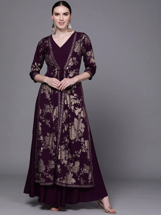 Burgundy Floral Printed Fit & Flare Maxi Ethnic Dress-AHDRCRSM-995-FF 1080