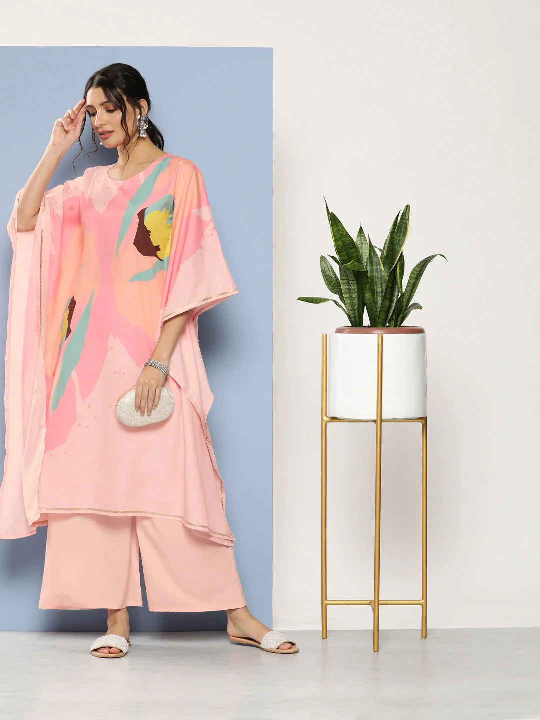 Pink Printed Gotta Patti Kaftan Kurta with Palazzos-AHKFPZ-COMBO-615