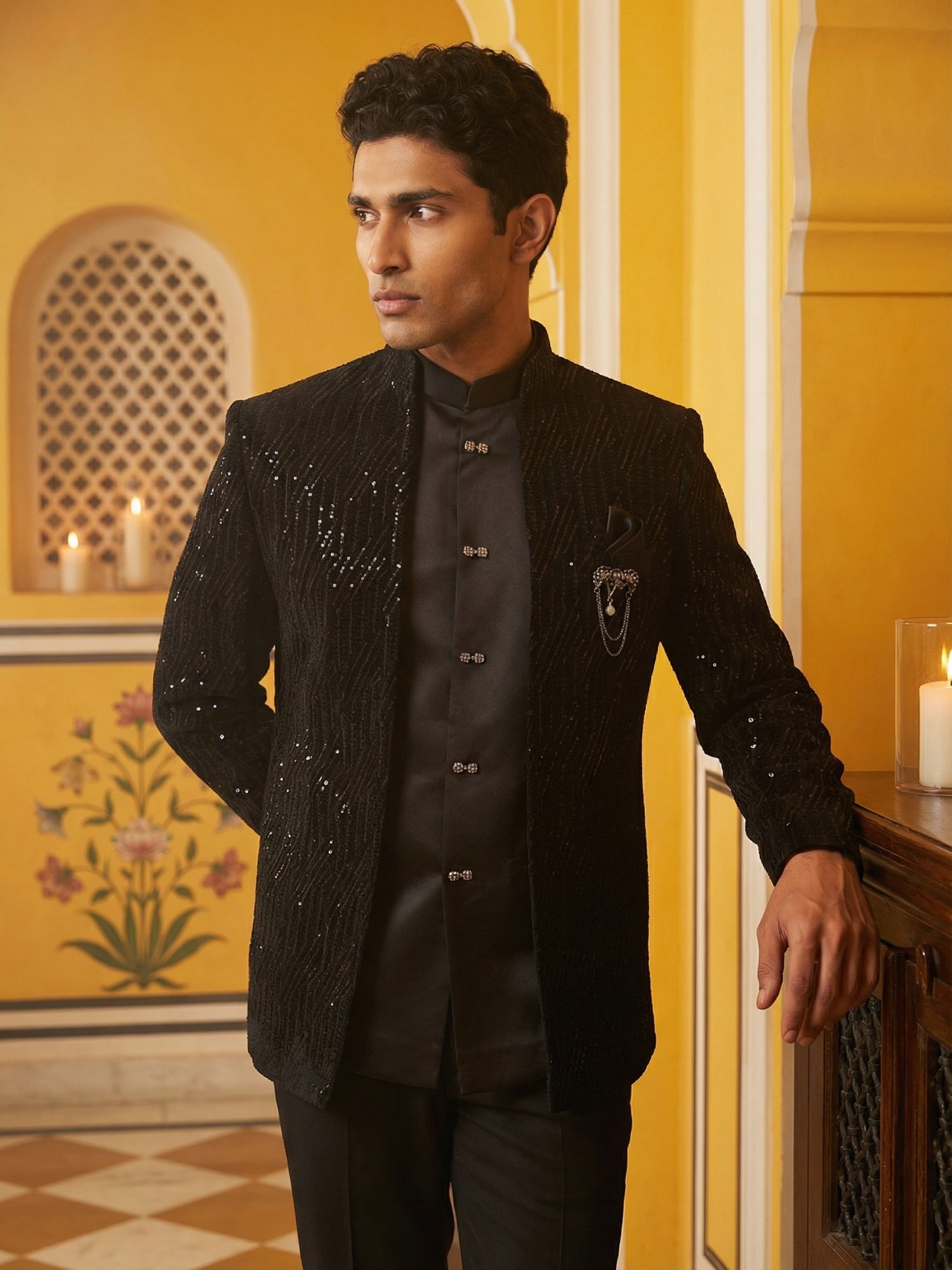 DesiQlo Men Embroidered Indo Western Set - Black - 50JIND_132Black_S
