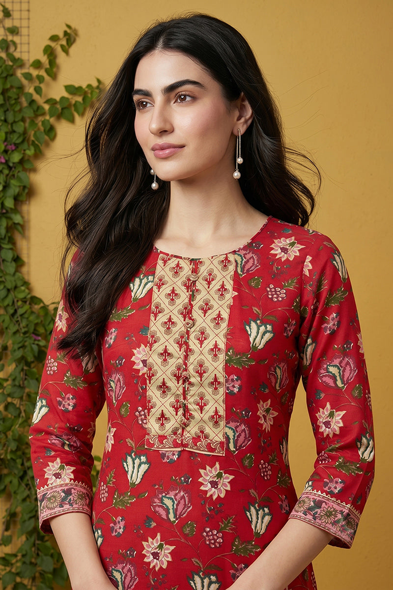 Rayon Red Floral Digital Printed Regular Kurta VCK9821