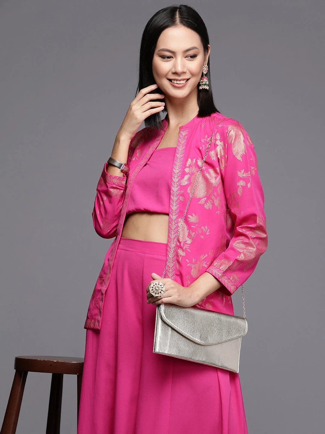 Pink Crop Top Co Ord Sets with Printed Shrug for Women