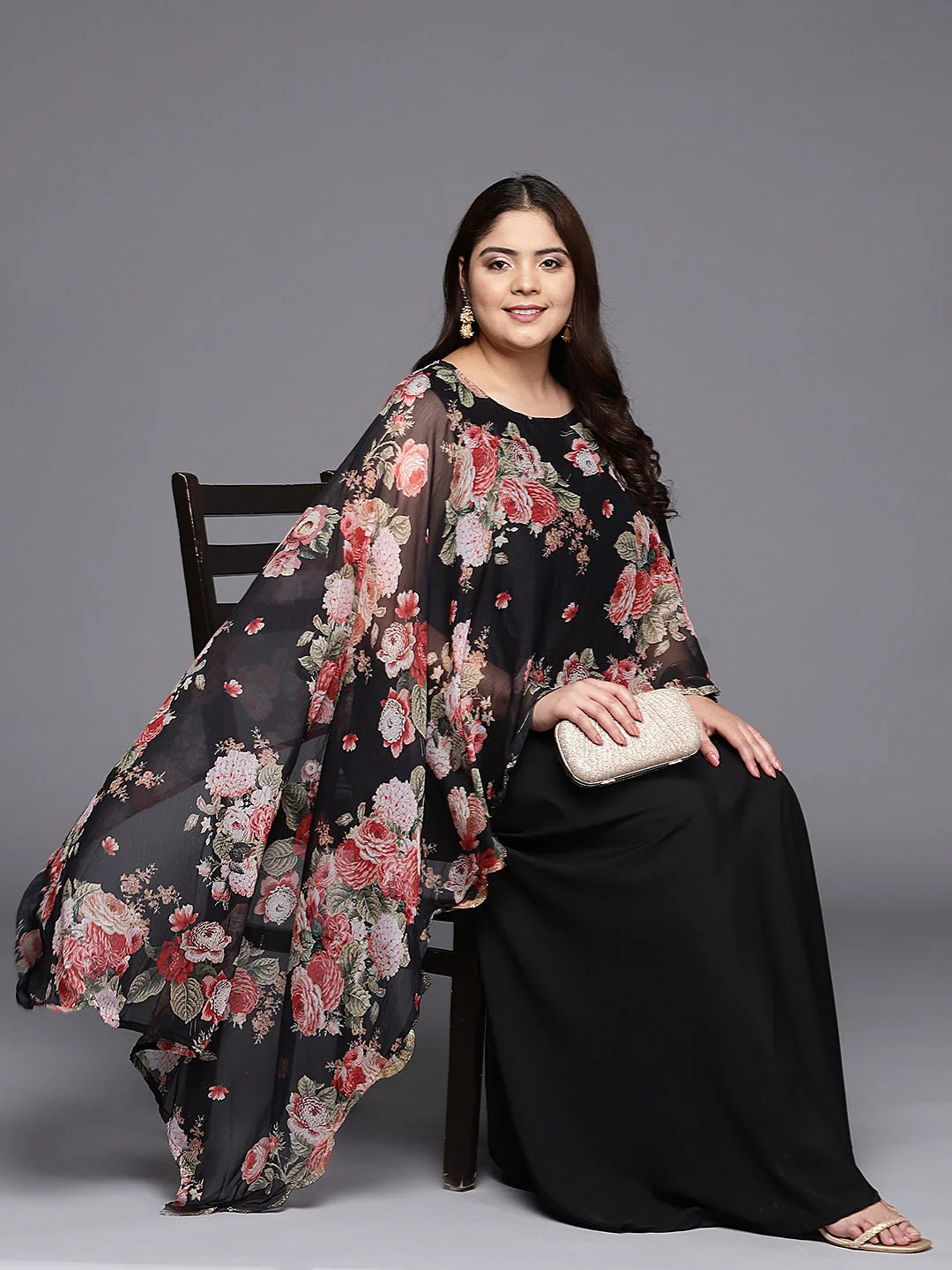 Black & Pink Maxi Dress with Cape | Indian Dresses Online Black & Pink Maxi Dress with Cape | Indian Dresses Online